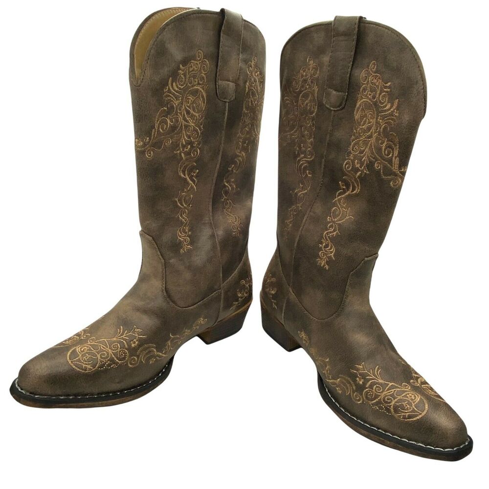 Roper Cowgirl Western Boots Women's Riley Scroll Brown Mid Calf Pull On Size 7.5